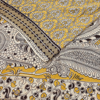 Indian Vintage Sari Mustard Kalamkari Print Sari Pure Cotton Saree Craft Fabric 5Yd Soft Dancing Lady Ethnic Dress Making