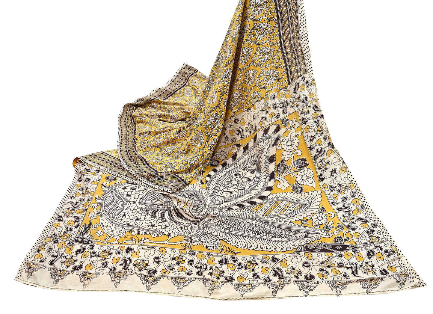Indian Vintage Sari Mustard Kalamkari Print Sari Pure Cotton Saree Craft Fabric 5Yd Soft Dancing Lady Ethnic Dress Making