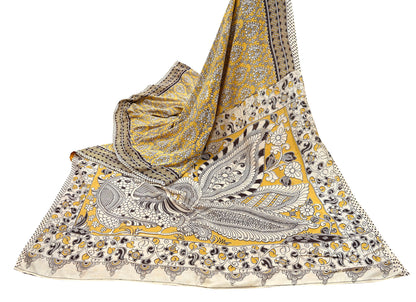 Indian Vintage Sari Mustard Kalamkari Print Sari Pure Cotton Saree Craft Fabric 5Yd Soft Dancing Lady Ethnic Dress Making