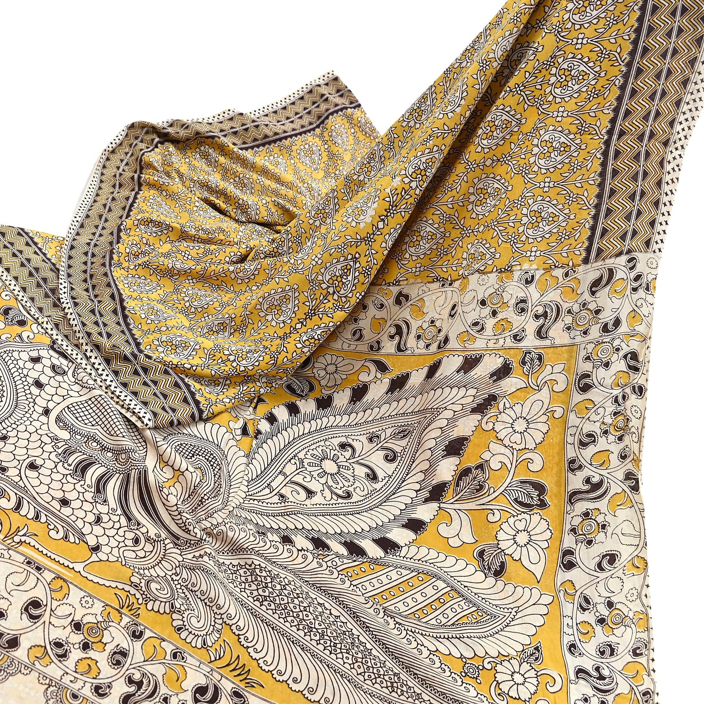Indian Vintage Sari Mustard Kalamkari Print Sari Pure Cotton Saree Craft Fabric 5Yd Soft Dancing Lady Ethnic Dress Making