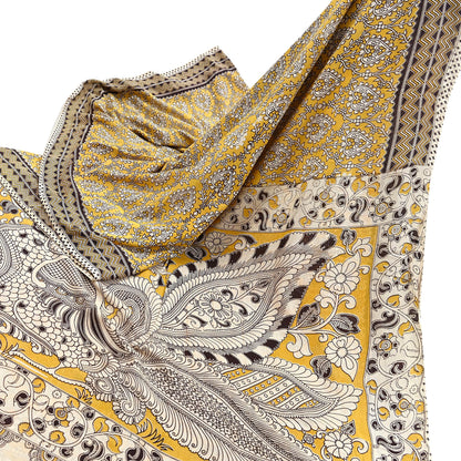 Indian Vintage Sari Mustard Kalamkari Print Sari Pure Cotton Saree Craft Fabric 5Yd Soft Dancing Lady Ethnic Dress Making