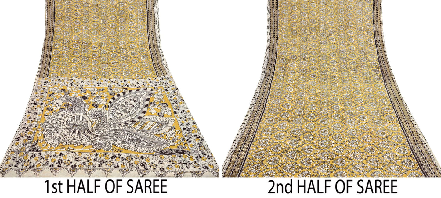 Indian Vintage Sari Mustard Kalamkari Print Sari Pure Cotton Saree Craft Fabric 5Yd Soft Dancing Lady Ethnic Dress Making