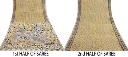 Indian Vintage Sari Mustard Kalamkari Print Sari Pure Cotton Saree Craft Fabric 5Yd Soft Dancing Lady Ethnic Dress Making