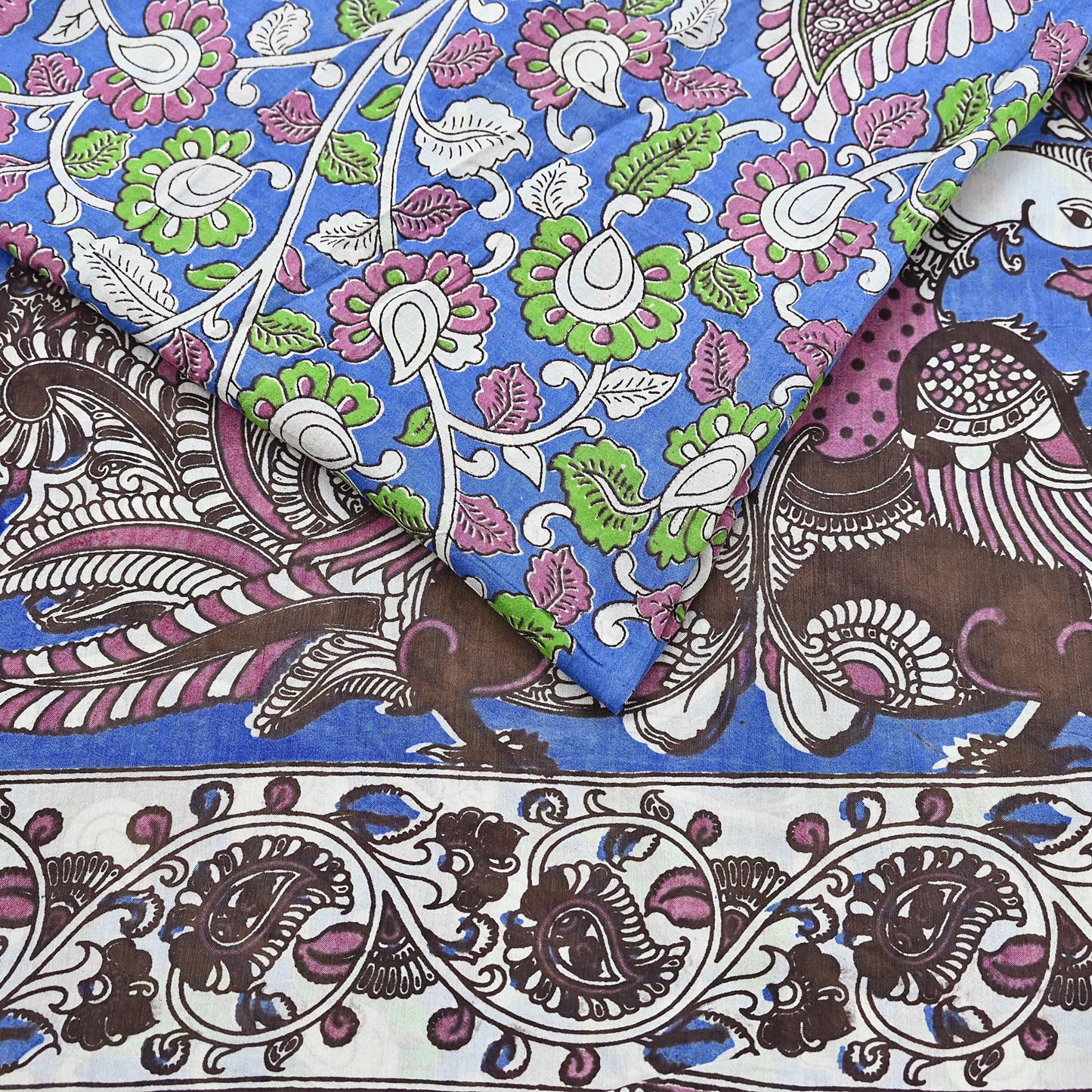 Indian Vintage Sari Blue Kalamkari Print Sari Pure Cotton Saree Craft Fabric 5Yd Soft Dancing Lady Ethnic Dress Making