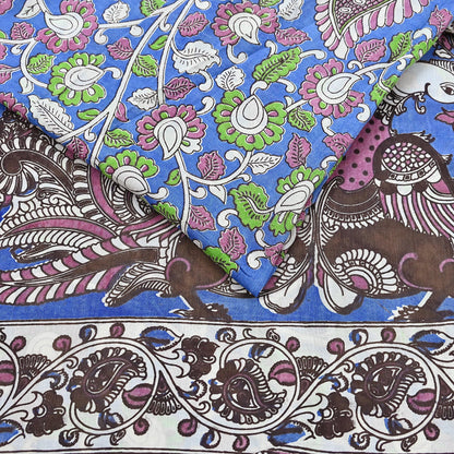 Indian Vintage Sari Blue Kalamkari Print Sari Pure Cotton Saree Craft Fabric 5Yd Soft Dancing Lady Ethnic Dress Making
