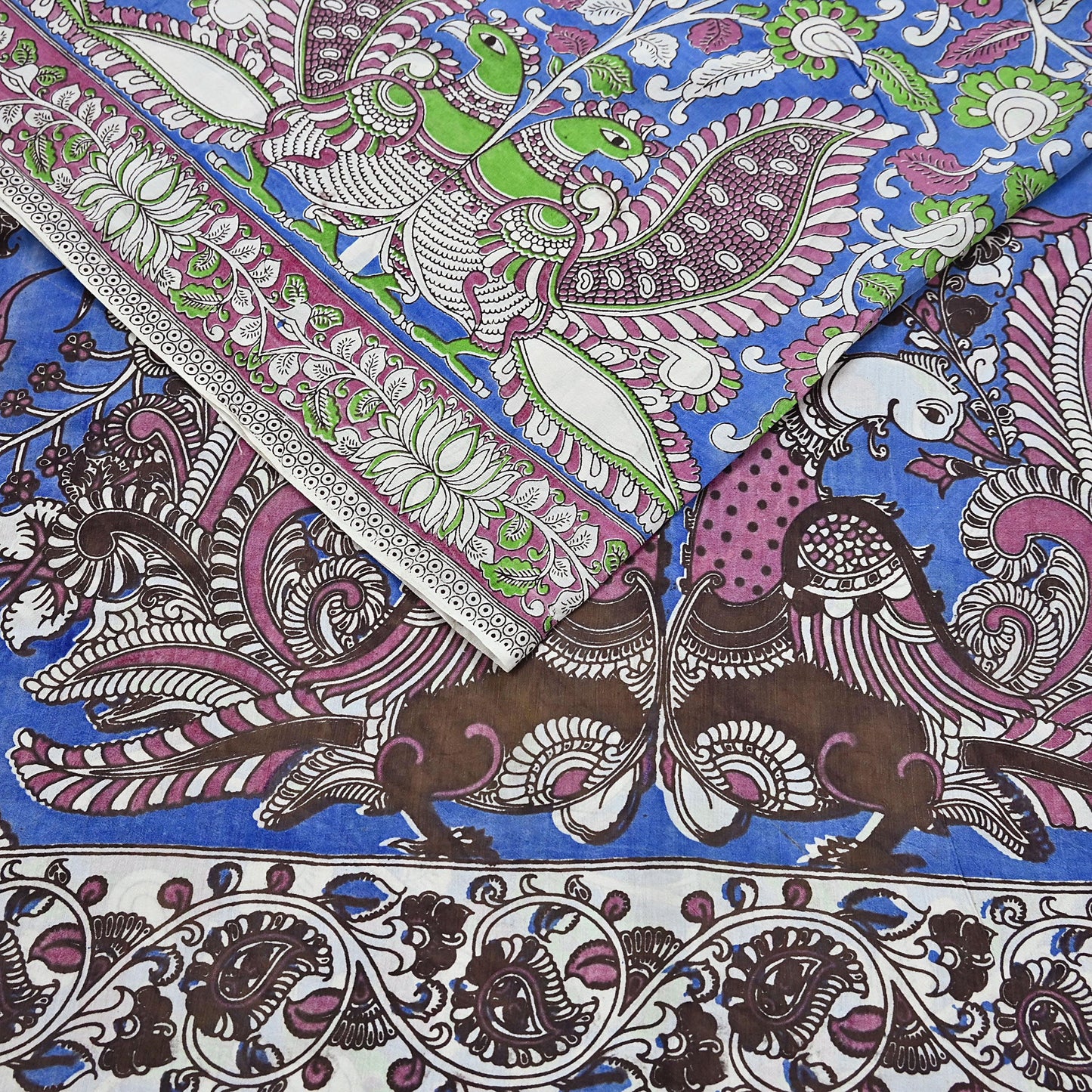Indian Vintage Sari Blue Kalamkari Print Sari Pure Cotton Saree Craft Fabric 5Yd Soft Dancing Lady Ethnic Dress Making