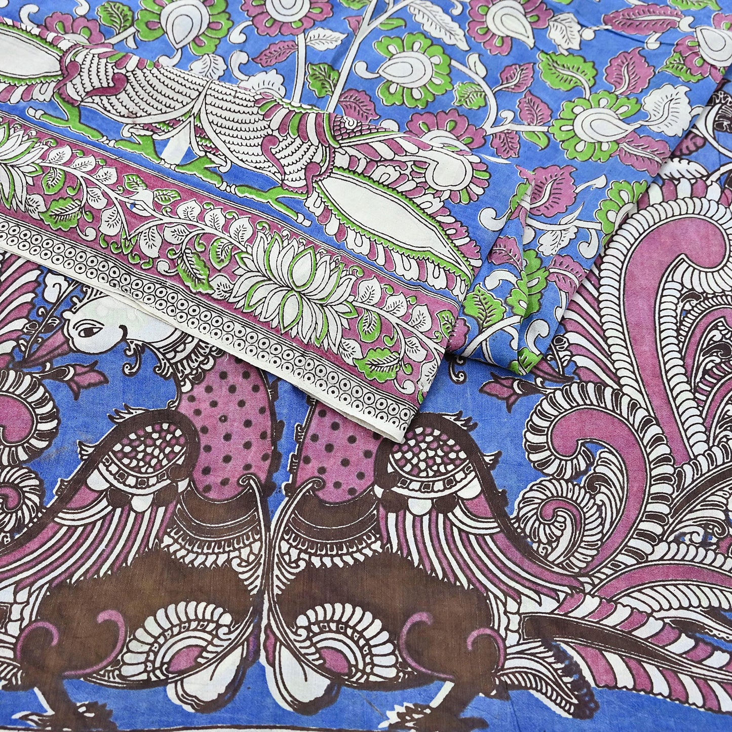 Indian Vintage Sari Blue Kalamkari Print Sari Pure Cotton Saree Craft Fabric 5Yd Soft Dancing Lady Ethnic Dress Making