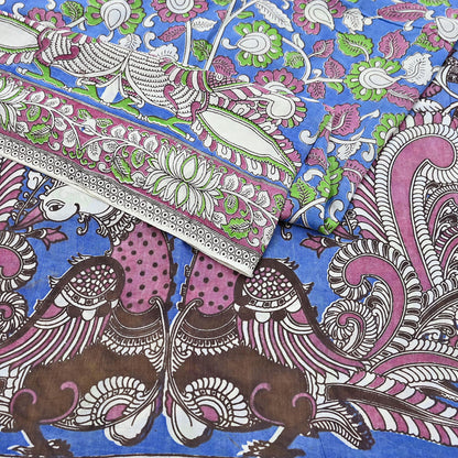 Indian Vintage Sari Blue Kalamkari Print Sari Pure Cotton Saree Craft Fabric 5Yd Soft Dancing Lady Ethnic Dress Making