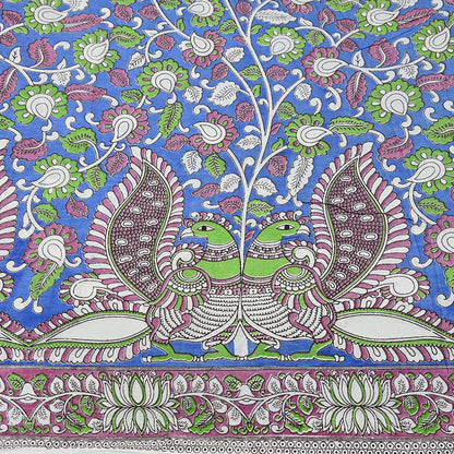 Indian Vintage Sari Blue Kalamkari Print Sari Pure Cotton Saree Craft Fabric 5Yd Soft Dancing Lady Ethnic Dress Making