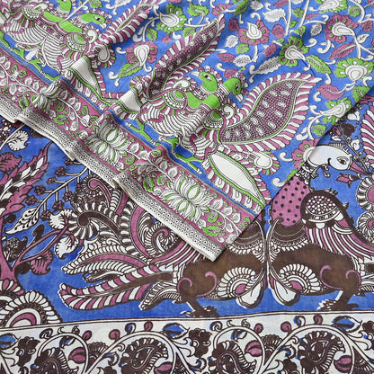 Indian Vintage Sari Blue Kalamkari Print Sari Pure Cotton Saree Craft Fabric 5Yd Soft Dancing Lady Ethnic Dress Making