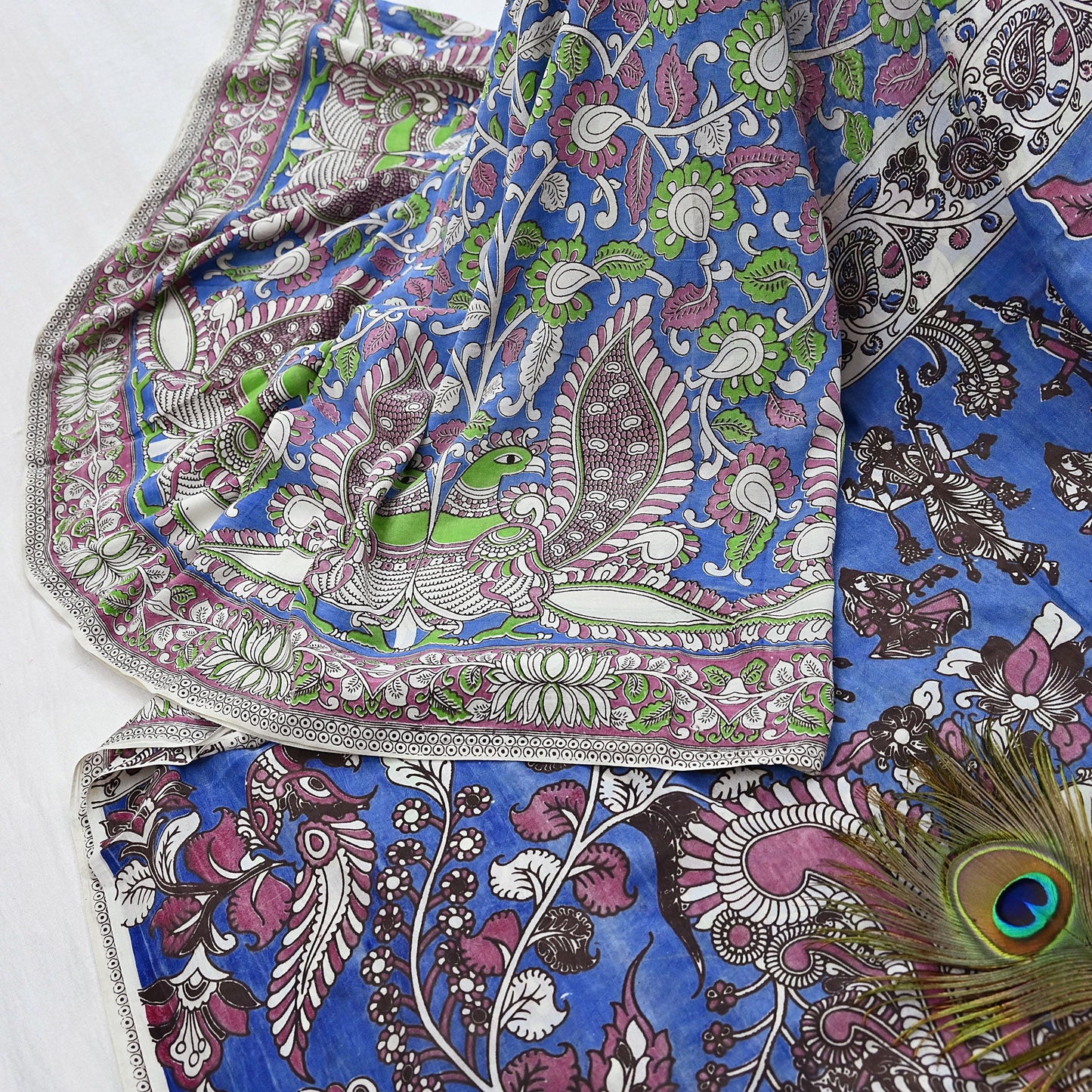 Indian Vintage Sari Blue Kalamkari Print Sari Pure Cotton Saree Craft Fabric 5Yd Soft Dancing Lady Ethnic Dress Making