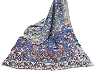 Indian Vintage Sari Blue Kalamkari Print Sari Pure Cotton Saree Craft Fabric 5Yd Soft Dancing Lady Ethnic Dress Making