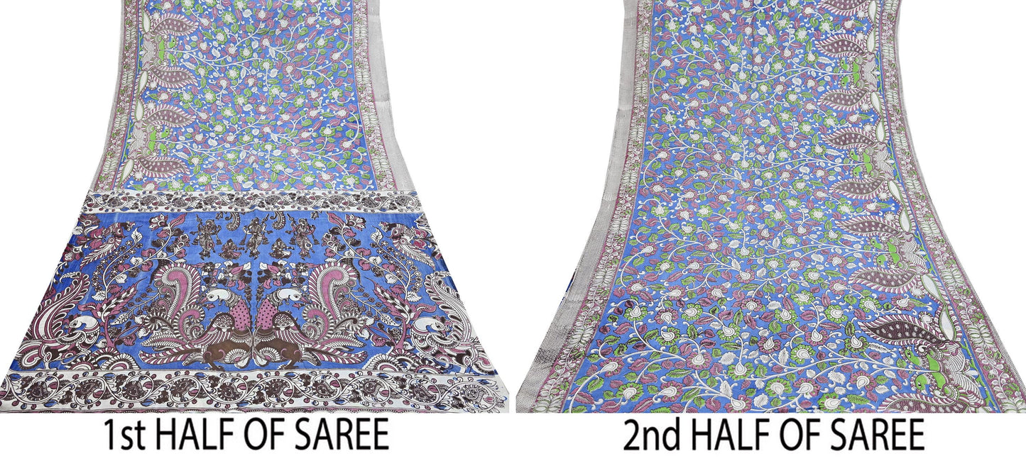 Indian Vintage Sari Blue Kalamkari Print Sari Pure Cotton Saree Craft Fabric 5Yd Soft Dancing Lady Ethnic Dress Making