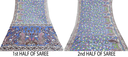 Indian Vintage Sari Blue Kalamkari Print Sari Pure Cotton Saree Craft Fabric 5Yd Soft Dancing Lady Ethnic Dress Making