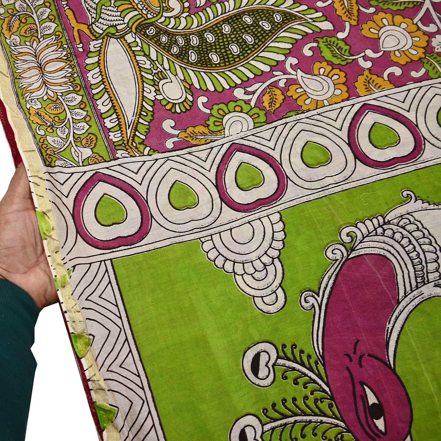 Indian Vintage Sari Pure Silk Kalamkari Print Saree Craft Fabric 5Yd Soft Zari Border Dress making bollywood silk saree Crafting
