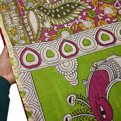 Indian Vintage Sari Pure Silk Kalamkari Print Saree Craft Fabric 5Yd Soft Zari Border Dress making bollywood silk saree Crafting
