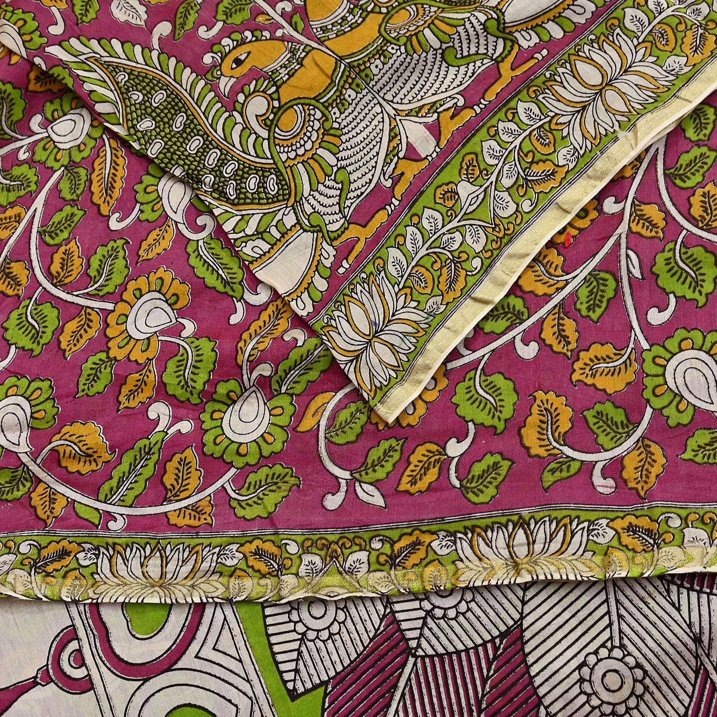 Indian Vintage Sari Pure Silk Kalamkari Print Saree Craft Fabric 5Yd Soft Zari Border Dress making bollywood silk saree Crafting