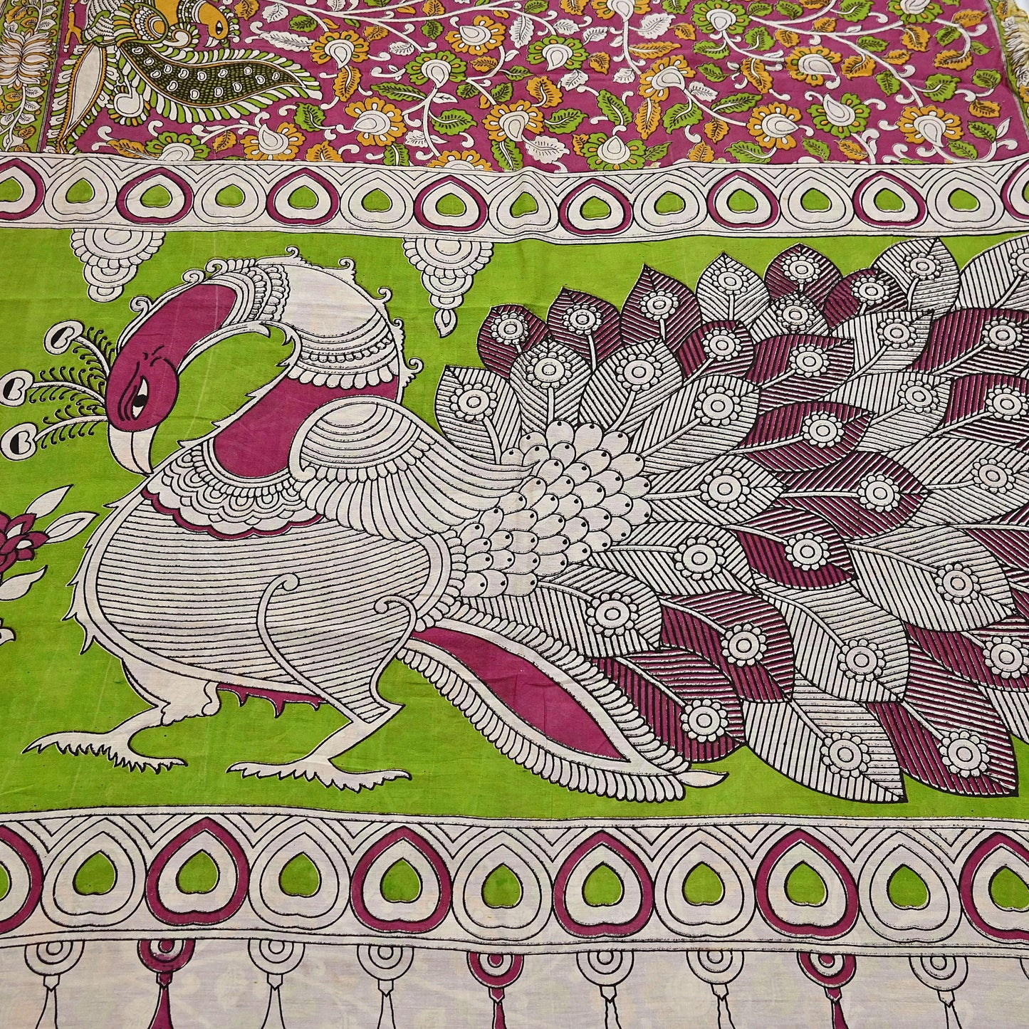 Indian Vintage Sari Pure Silk Kalamkari Print Saree Craft Fabric 5Yd Soft Zari Border Dress making bollywood silk saree Crafting
