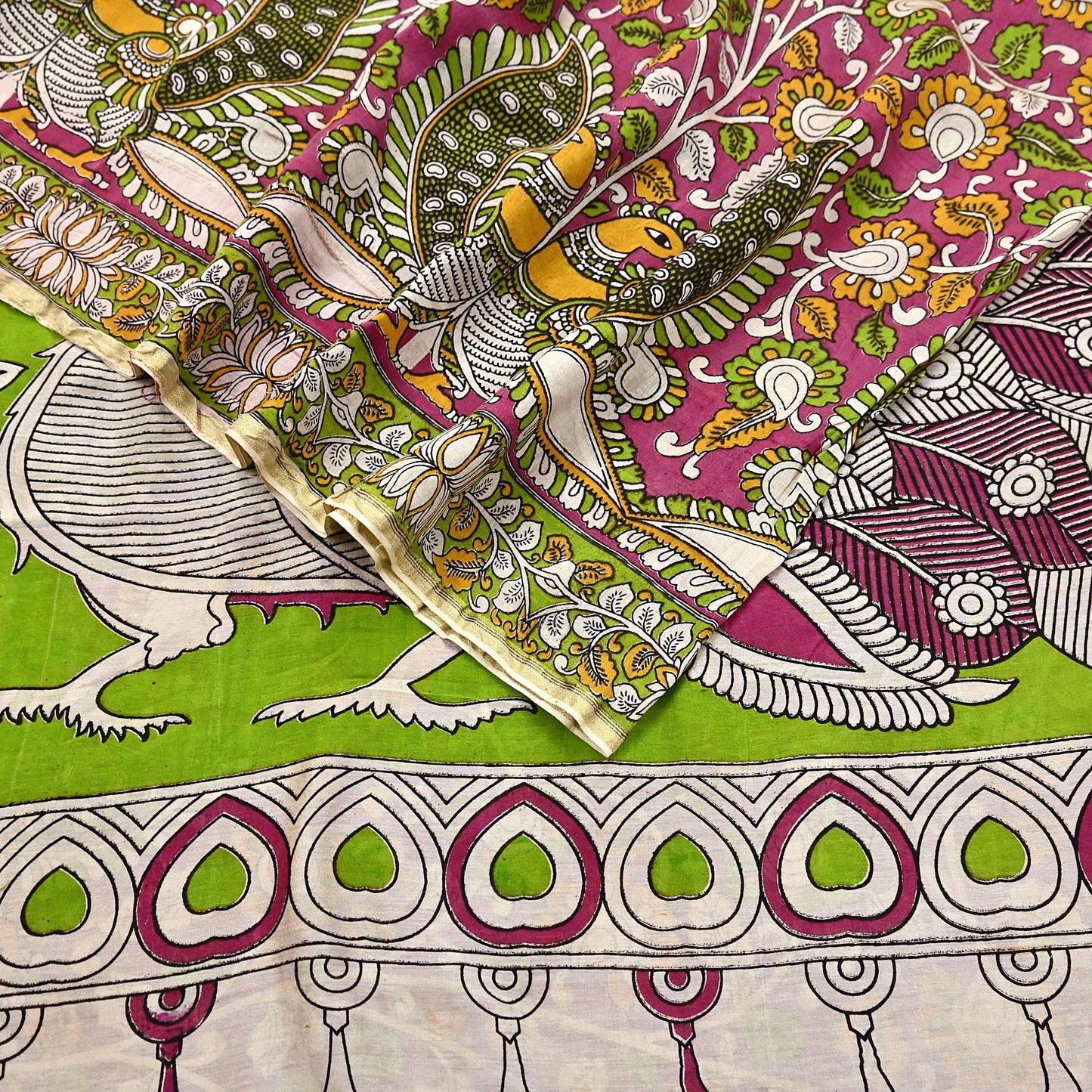 Indian Vintage Sari Pure Silk Kalamkari Print Saree Craft Fabric 5Yd Soft Zari Border Dress making bollywood silk saree Crafting