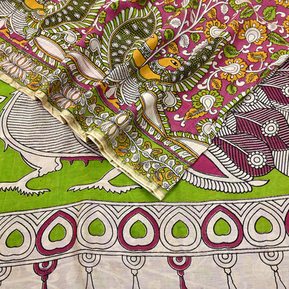 Indian Vintage Sari Pure Silk Kalamkari Print Saree Craft Fabric 5Yd Soft Zari Border Dress making bollywood silk saree Crafting