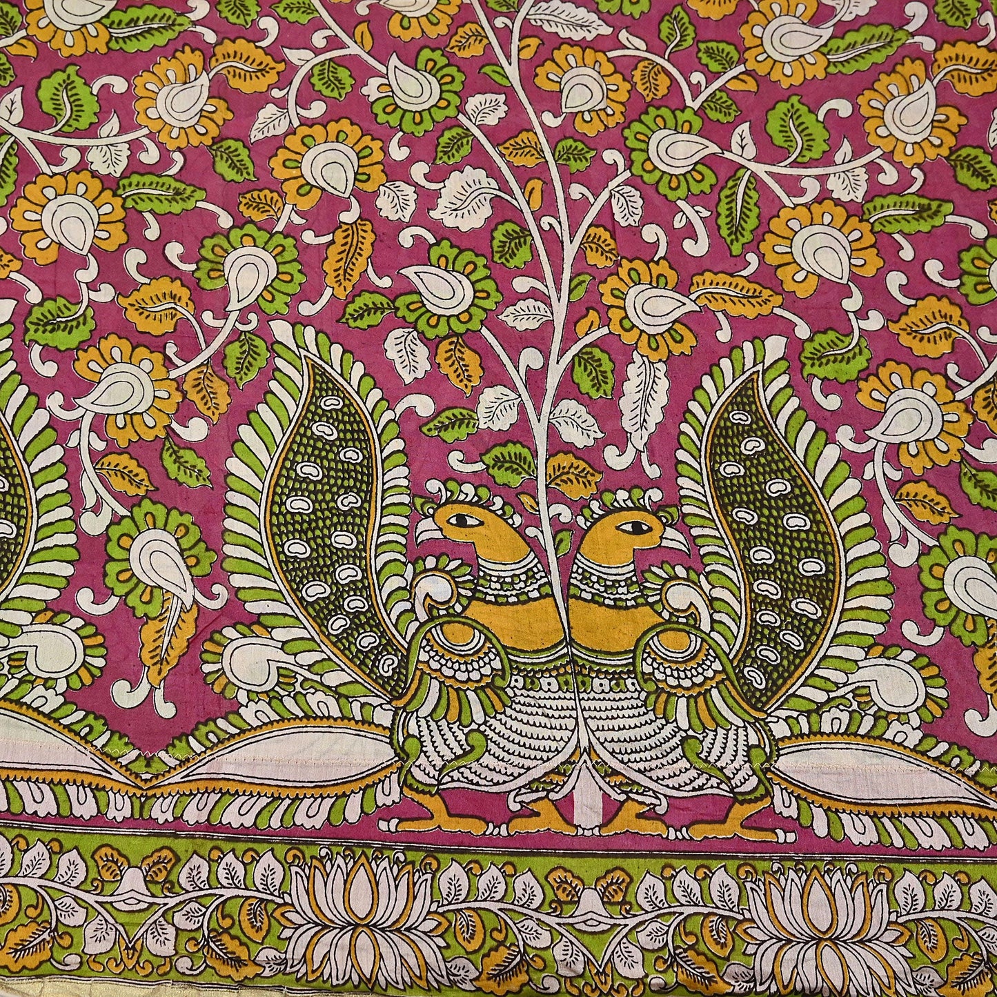Indian Vintage Sari Pure Silk Kalamkari Print Saree Craft Fabric 5Yd Soft Zari Border Dress making bollywood silk saree Crafting