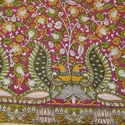 Indian Vintage Sari Pure Silk Kalamkari Print Saree Craft Fabric 5Yd Soft Zari Border Dress making bollywood silk saree Crafting