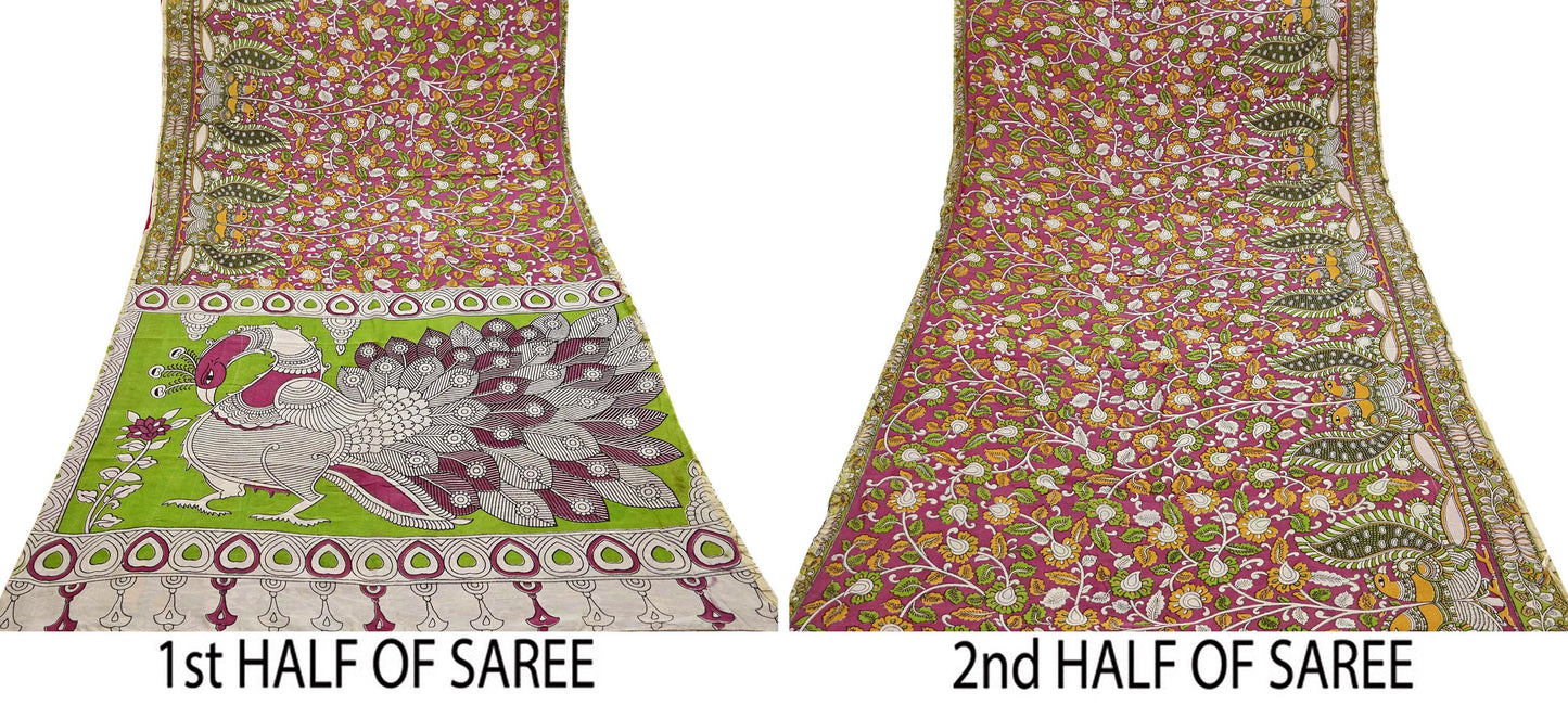 Indian Vintage Sari Pure Silk Kalamkari Print Saree Craft Fabric 5Yd Soft Zari Border Dress making bollywood silk saree Crafting
