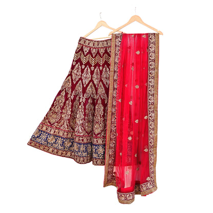 Indian Heavy Wedding Red Net/ velvet Hand Embroidered Lehenga 2pcs Set Designer By Manish Malhotra Party Wear