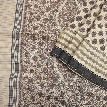 Indian Vintage Fabindia Sari Cream Pure Silk Block Printed Sarees Craft Fabric 5Yd Floral Dress making bollywood silk sarees