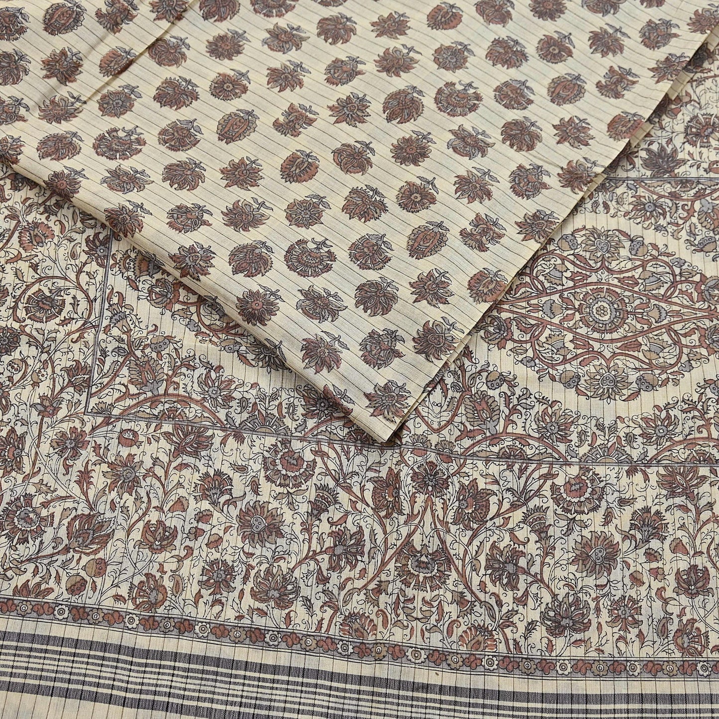 Indian Vintage Fabindia Sari Cream Pure Silk Block Printed Sarees Craft Fabric 5Yd Floral Dress making bollywood silk sarees