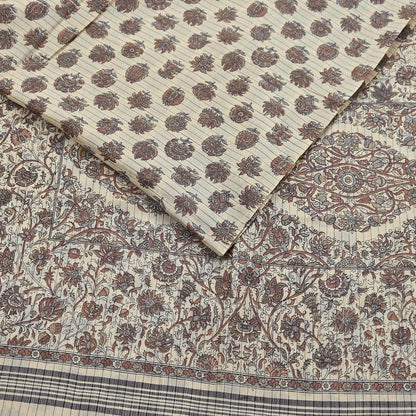 Indian Vintage Fabindia Sari Cream Pure Silk Block Printed Sarees Craft Fabric 5Yd Floral Dress making bollywood silk sarees