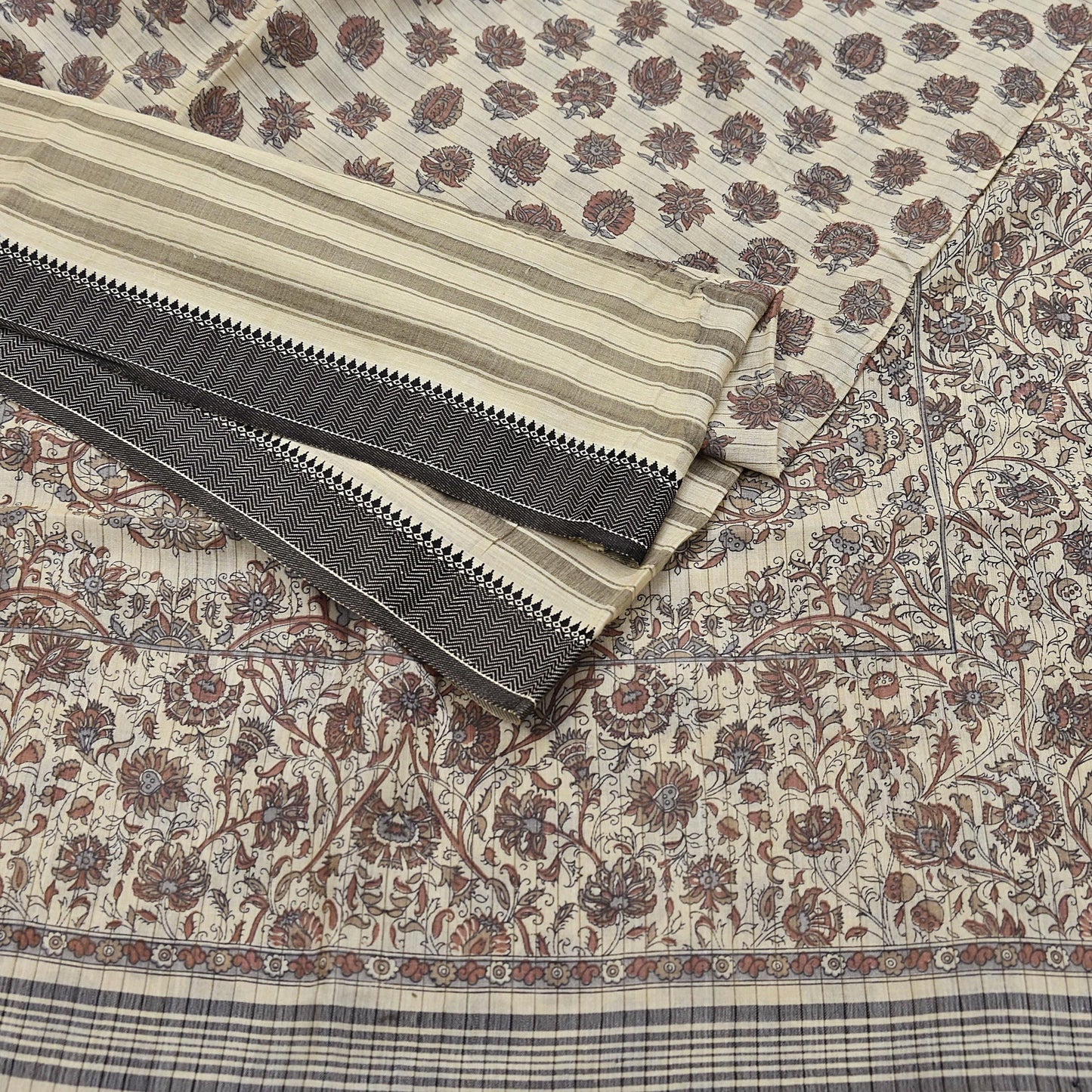 Indian Vintage Fabindia Sari Cream Pure Silk Block Printed Sarees Craft Fabric 5Yd Floral Dress making bollywood silk sarees