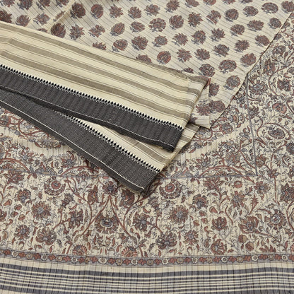 Indian Vintage Fabindia Sari Cream Pure Silk Block Printed Sarees Craft Fabric 5Yd Floral Dress making bollywood silk sarees