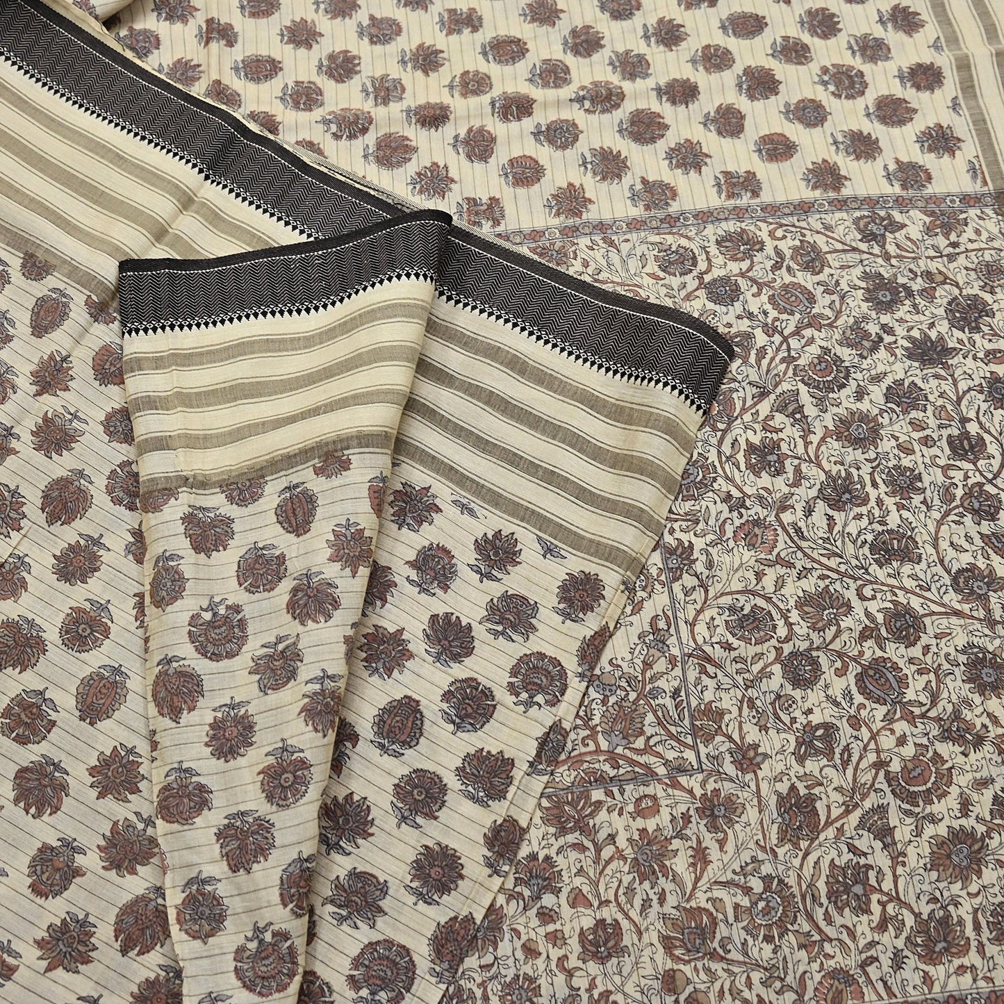 Indian Vintage Fabindia Sari Cream Pure Silk Block Printed Sarees Craft Fabric 5Yd Floral Dress making bollywood silk sarees