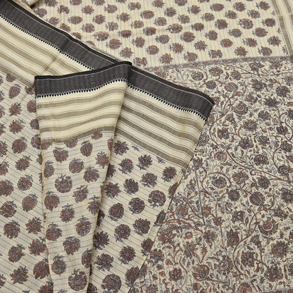 Indian Vintage Fabindia Sari Cream Pure Silk Block Printed Sarees Craft Fabric 5Yd Floral Dress making bollywood silk sarees