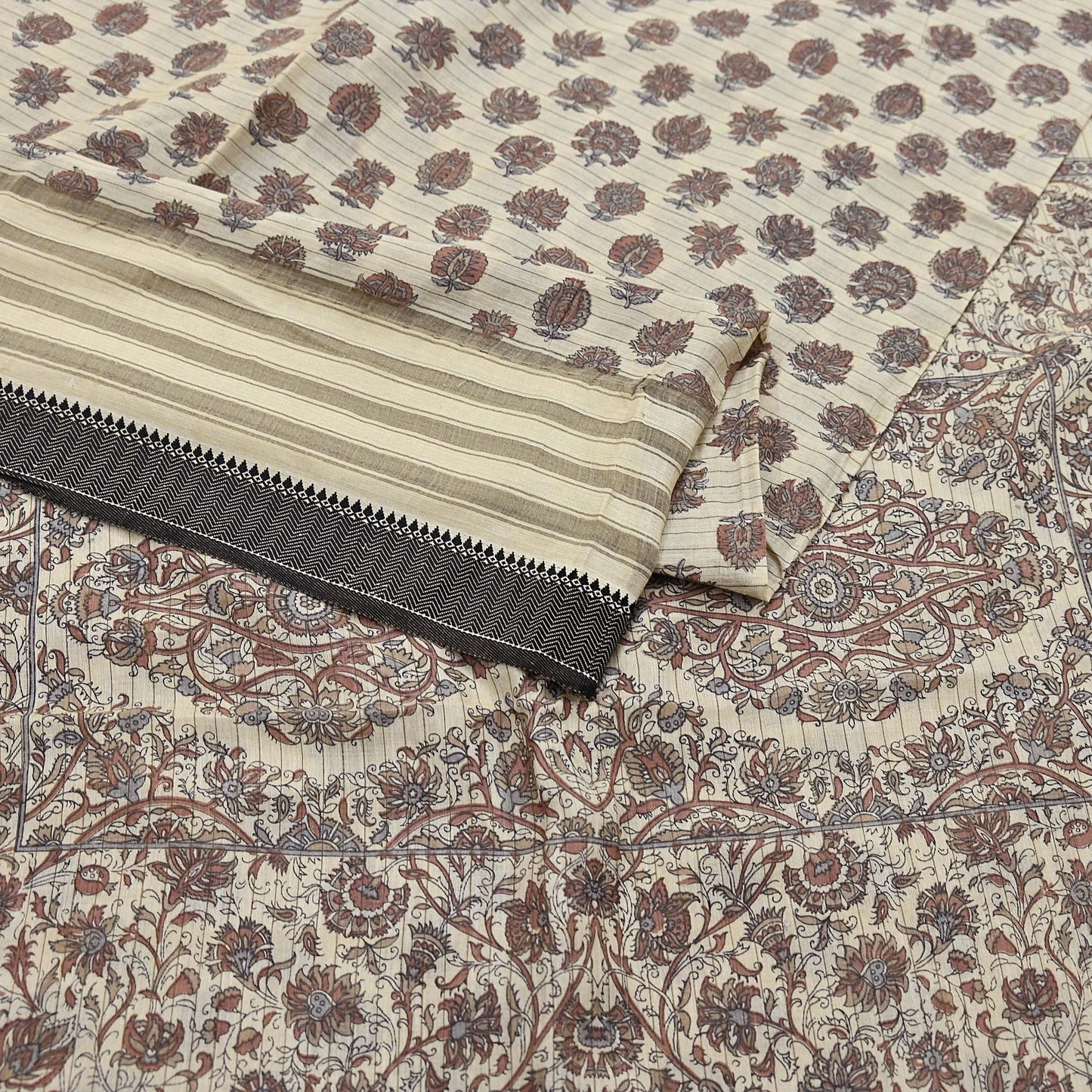 Indian Vintage Fabindia Sari Cream Pure Silk Block Printed Sarees Craft Fabric 5Yd Floral Dress making bollywood silk sarees