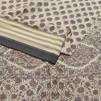 Indian Vintage Fabindia Sari Cream Pure Silk Block Printed Sarees Craft Fabric 5Yd Floral Dress making bollywood silk sarees