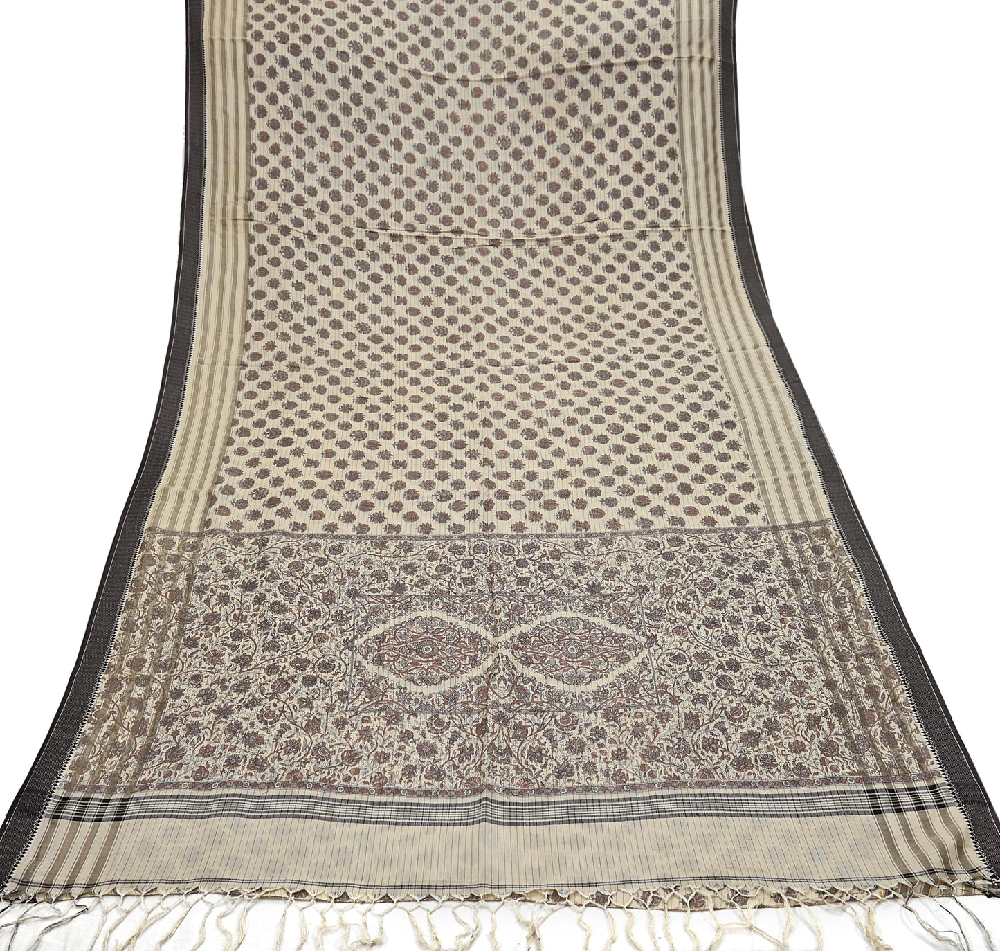 Indian Vintage Fabindia Sari Cream Pure Silk Block Printed Sarees Craft Fabric 5Yd Floral Dress making bollywood silk sarees