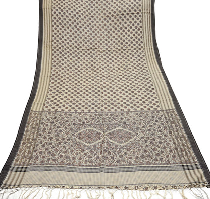 Indian Vintage Fabindia Sari Cream Pure Silk Block Printed Sarees Craft Fabric 5Yd Floral Dress making bollywood silk sarees