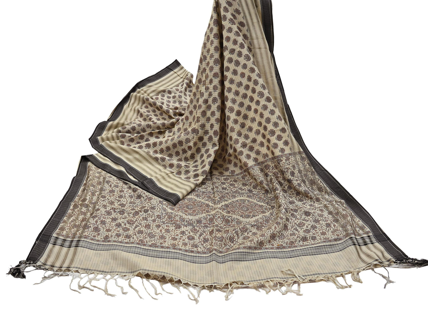 Indian Vintage Fabindia Sari Cream Pure Silk Block Printed Sarees Craft Fabric 5Yd Floral Dress making bollywood silk sarees