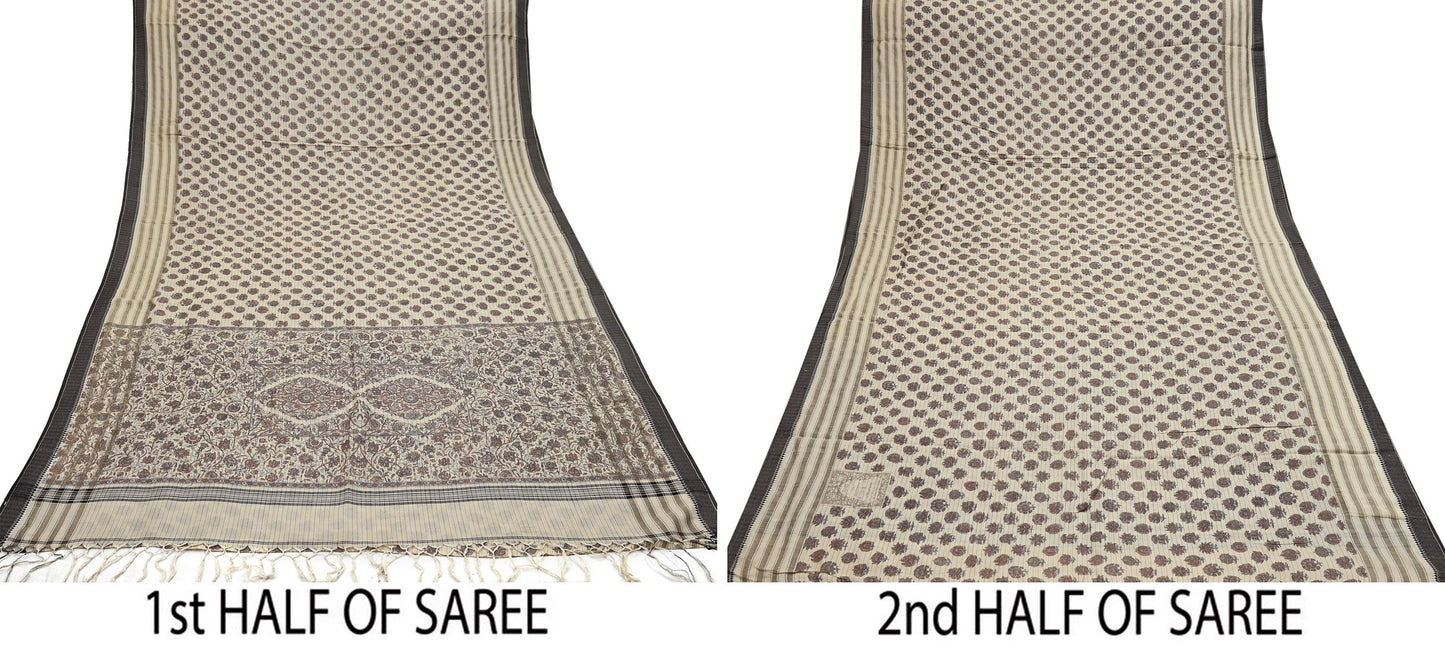 Indian Vintage Fabindia Sari Cream Pure Silk Block Printed Sarees Craft Fabric 5Yd Floral Dress making bollywood silk sarees