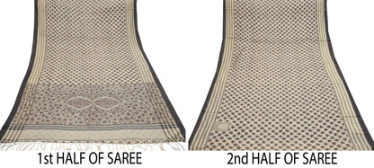 Indian Vintage Fabindia Sari Cream Pure Silk Block Printed Sarees Craft Fabric 5Yd Floral Dress making bollywood silk sarees