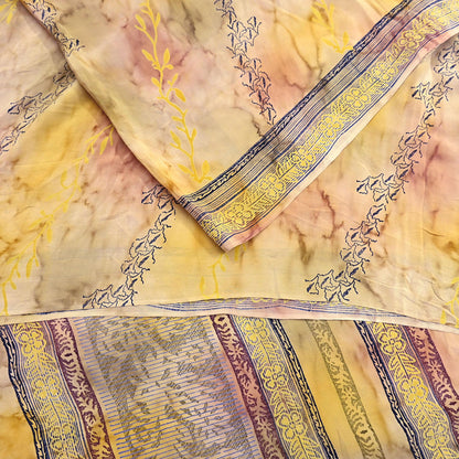Indian Vintage Sari Ivory & Yellow Pure Crepe Silk Printed Saree 5yard Sewing Quilting Floral Soft Craft Fabric Wrap
