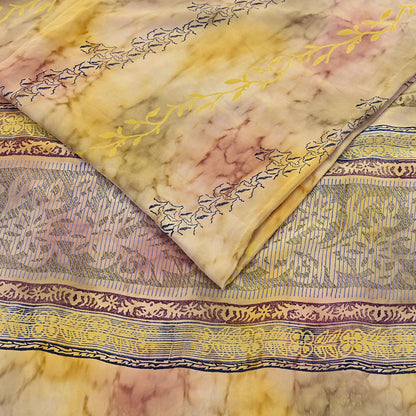 Indian Vintage Sari Ivory & Yellow Pure Crepe Silk Printed Saree 5yard Sewing Quilting Floral Soft Craft Fabric Wrap