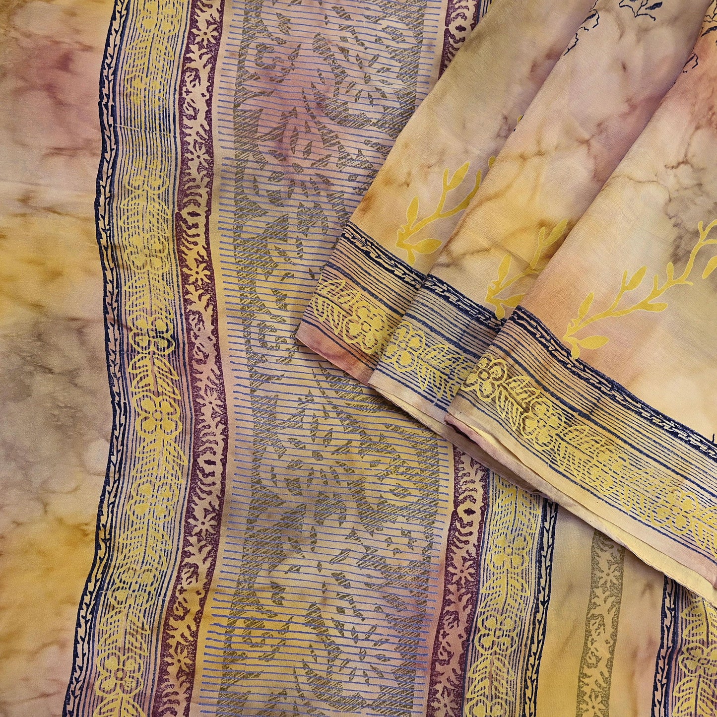 Indian Vintage Sari Ivory & Yellow Pure Crepe Silk Printed Saree 5yard Sewing Quilting Floral Soft Craft Fabric Wrap