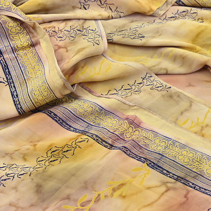 Indian Vintage Sari Ivory & Yellow Pure Crepe Silk Printed Saree 5yard Sewing Quilting Floral Soft Craft Fabric Wrap
