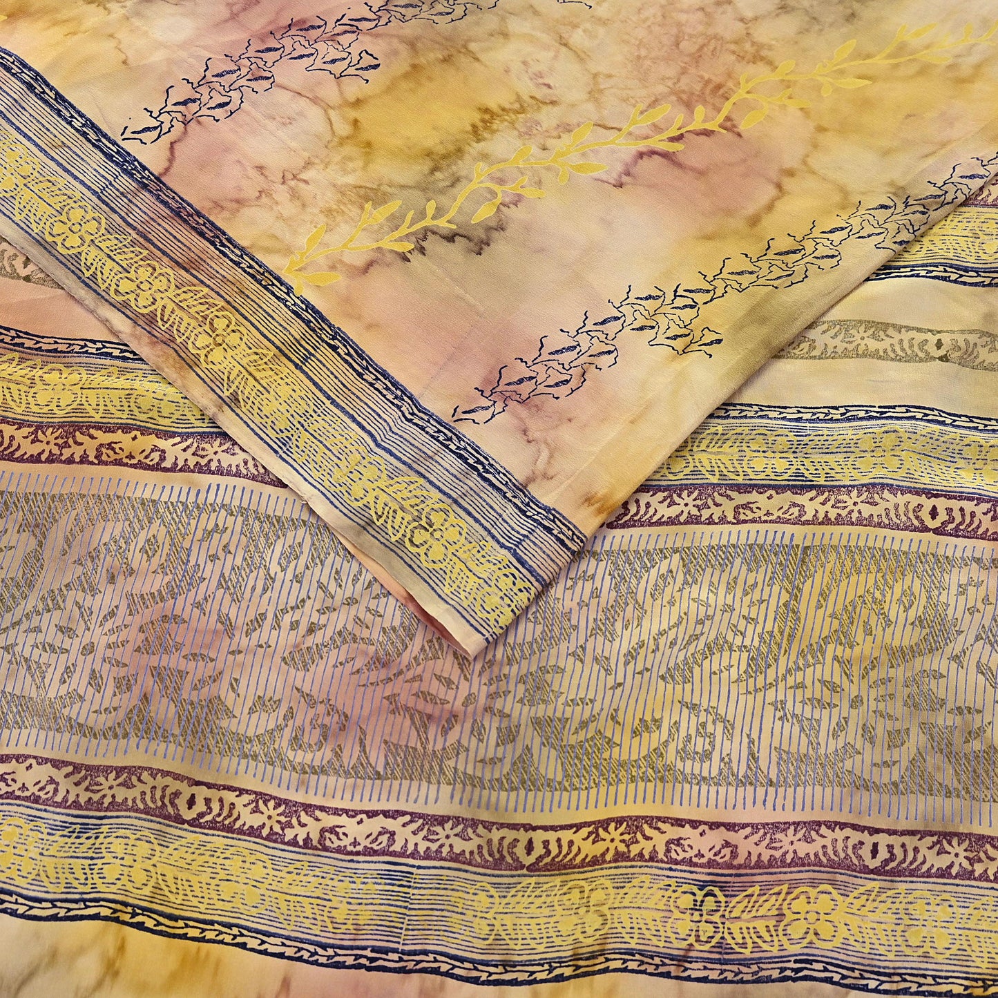 Indian Vintage Sari Ivory & Yellow Pure Crepe Silk Printed Saree 5yard Sewing Quilting Floral Soft Craft Fabric Wrap