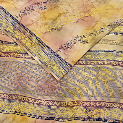Indian Vintage Sari Ivory & Yellow Pure Crepe Silk Printed Saree 5yard Sewing Quilting Floral Soft Craft Fabric Wrap