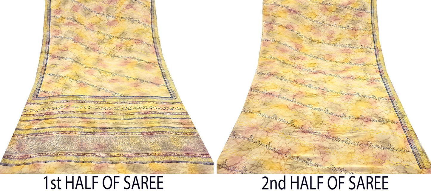 Indian Vintage Sari Ivory & Yellow Pure Crepe Silk Printed Saree 5yard Sewing Quilting Floral Soft Craft Fabric Wrap