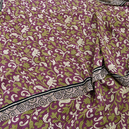 Indian Vintage Sari Purple Pure Crepe Silk Printed Sarees 5yd Sewing Soft Craft Fabric Wrap Dress Making Crafting Quilting Upcycle